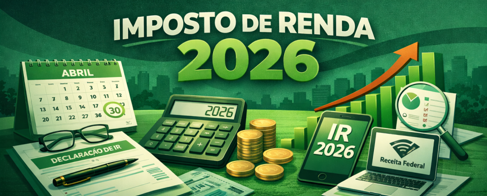 Imagem de imposto de renda 2026 com ferramentas de contador como calculadora, calendário e caneta.